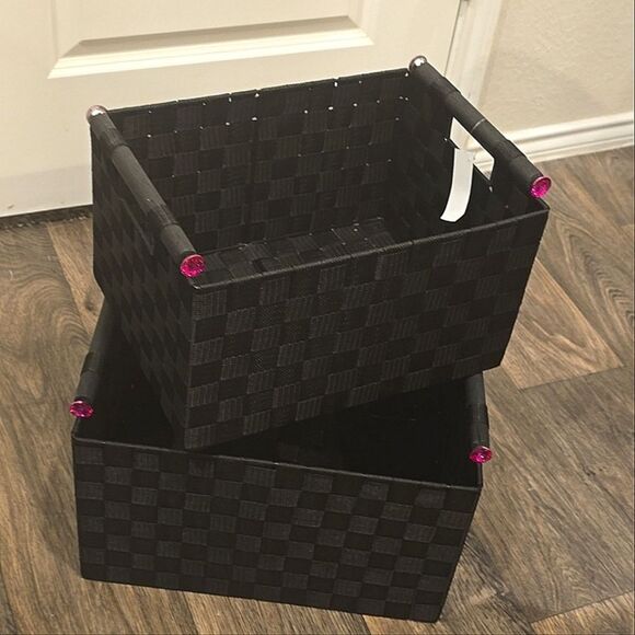 At Home Woven Storage Basket w/Iridescent Pink Knob Handles - Picture 2 of 7